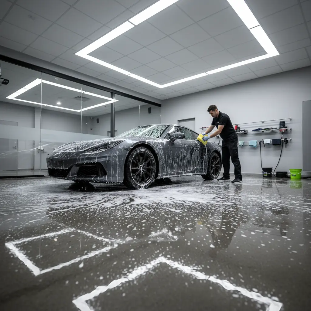 Technician hand washing a car at FloatFlna Auto Spa